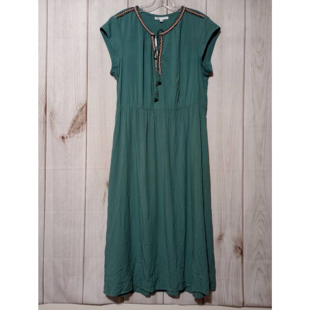 DR2 Teal Green Embroidered Tassel Midi Dress Womens Large Boho Casual Rayon NEW